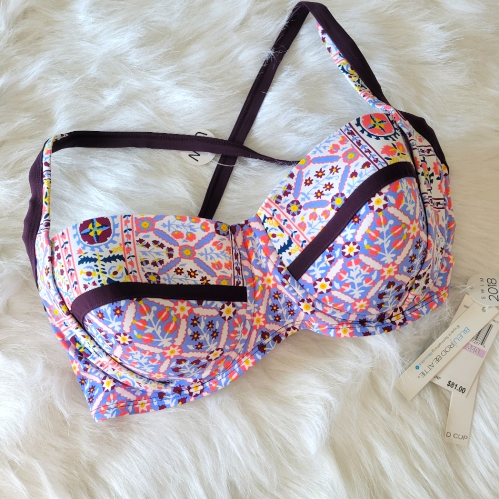 Bleu Rod Beattie Plum & Peach Bohemian Patchwork Bikini Top 34D NWT